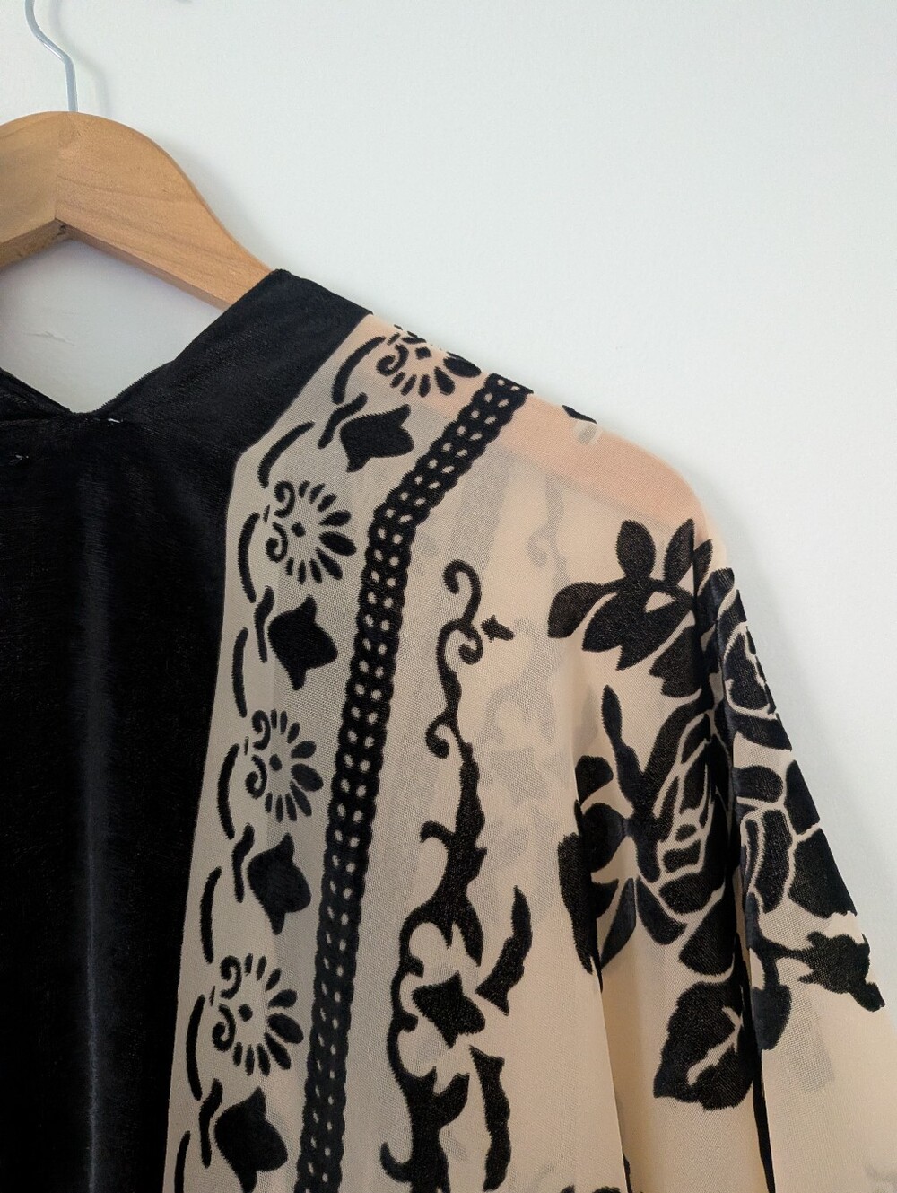 Free People Night Bird Burnout Black Tan Floral Velvet Tassel Kimono Duster - Picture 5 of 9